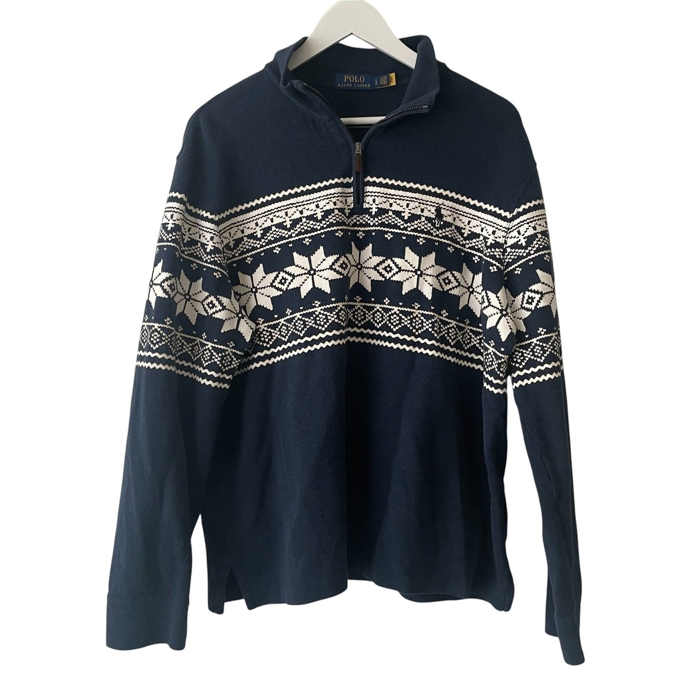 Polo Ralph Lauren Sweater Mens L Snowflake Blue Estate Rib Pullover Winter Navy